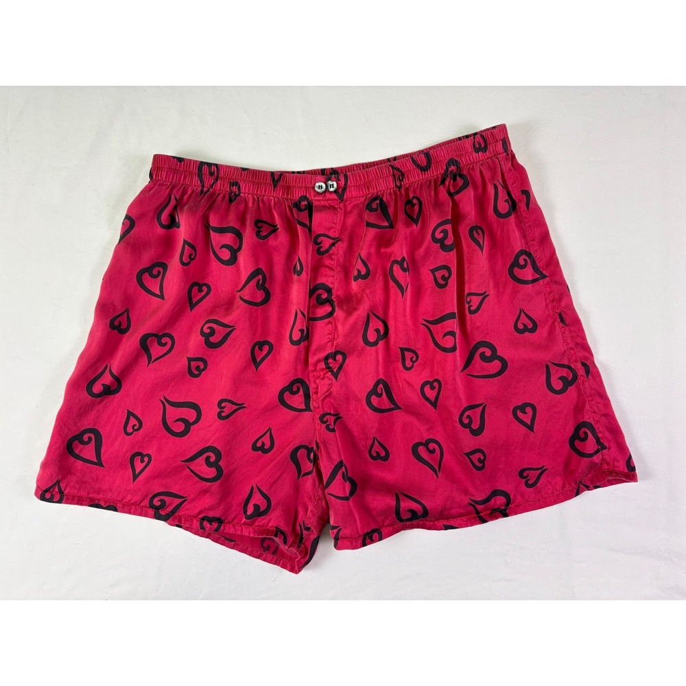 Vintage 90s Victoria's Secret Silk Heart Boxers Mens L Red Sleepwear Lounge Luxe